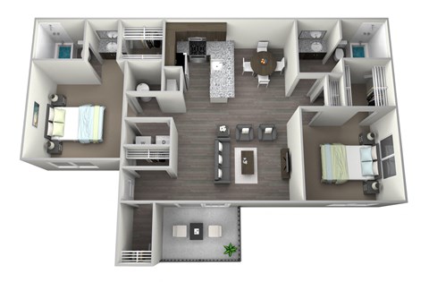 Two bedroom two full bathroom, full kitchen open to living area, large inside storage closet at front entry, private patio/balcony, washer and dryer included in a 3D rendered drawing